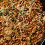 close-up of orzo puttanesca in the pan