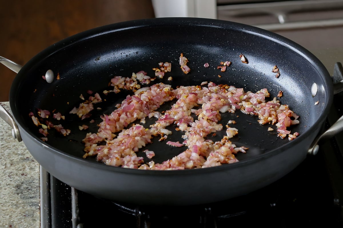 onion and garlic in the pan after cooking