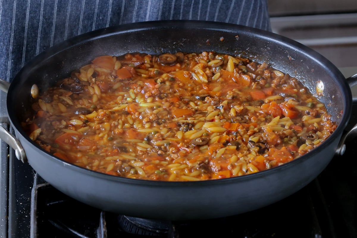 orzo puttanesca after cooking