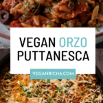 orzo puttanesca on a plate and in the pan, text overlay