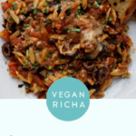orzo puttanesca on a plate, text overlay