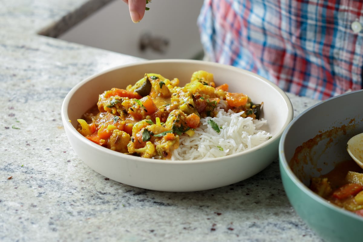 Sindhi kadhi in a bowl with rice