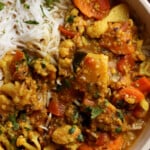 close-up of Sindhi kadhi in a bowl with rice