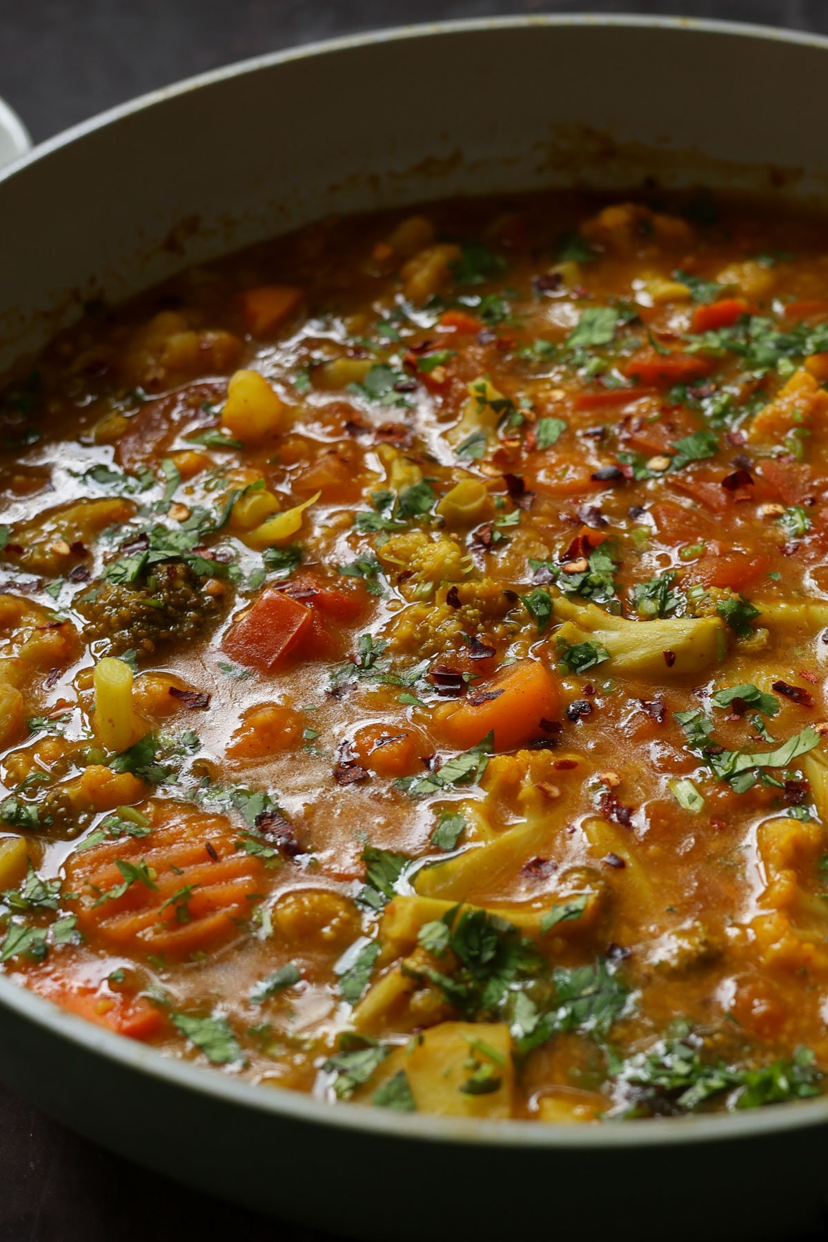 close-up of Sindhi kadhi in the pan after cooking