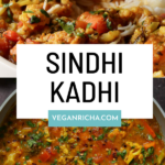photos of Sindhi kadhi in the pan and in a bowl, text overlay