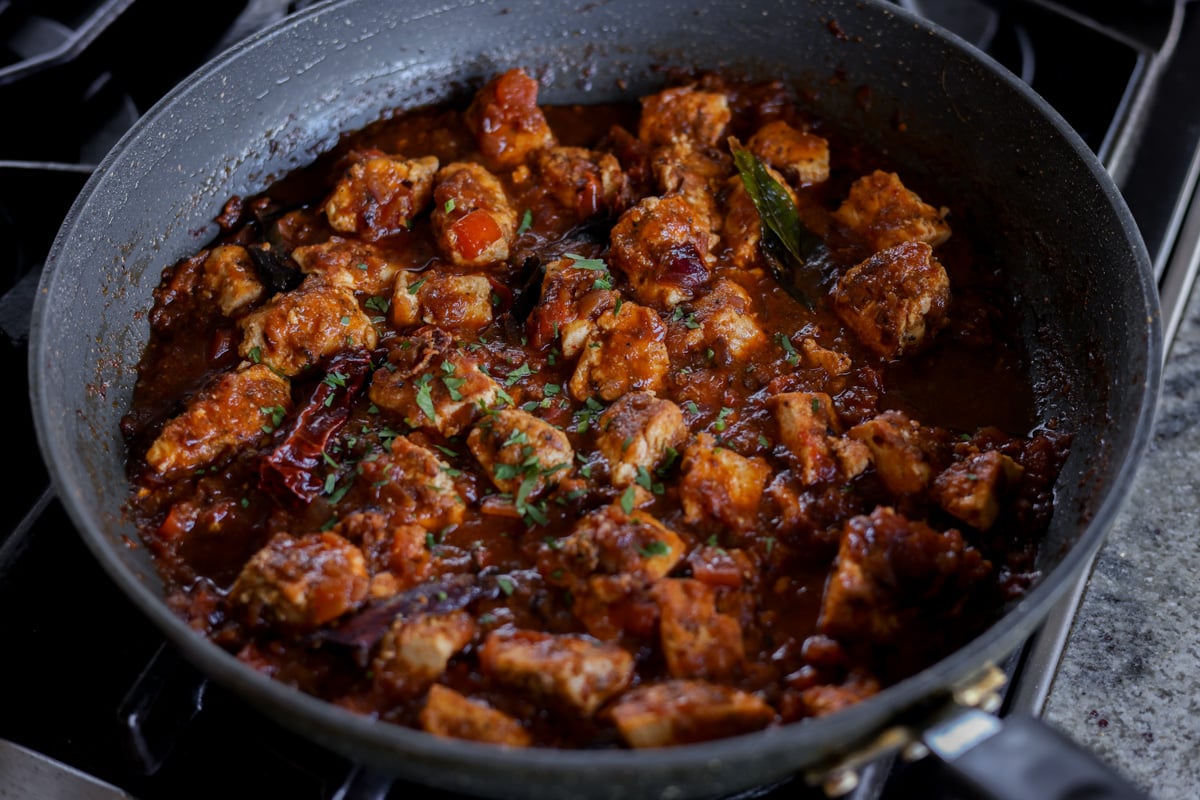 Chettinad pepper chicken curry in the pan after cooking
