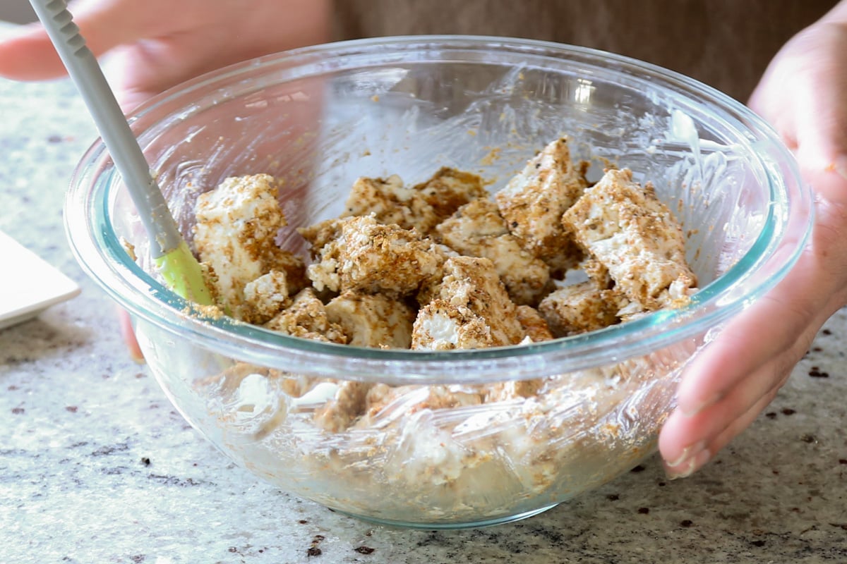tofu mixed with the yogurt and spice mix
