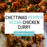 Chettinad pepper chicken curry in the pan and on a plate, text overlay