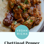 Chettinad pepper chicken curry on a plate, text overlay