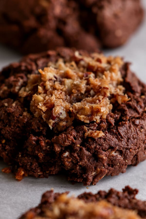 German chocolate cookie on the baking sheet after baking