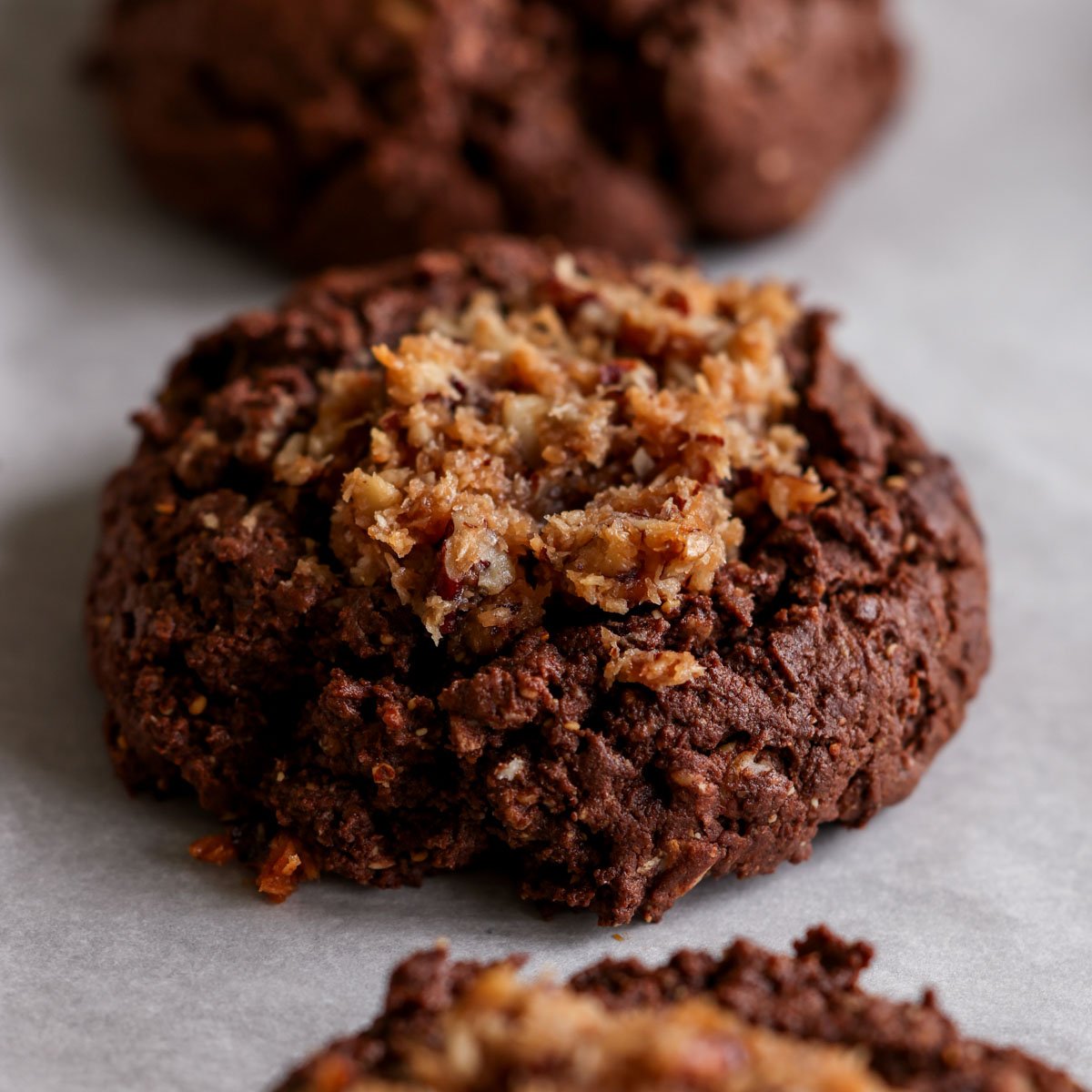 German chocolate cookie on the baking sheet after baking