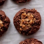 overhead shot of German chocolate cookie on the baking sheet after baking