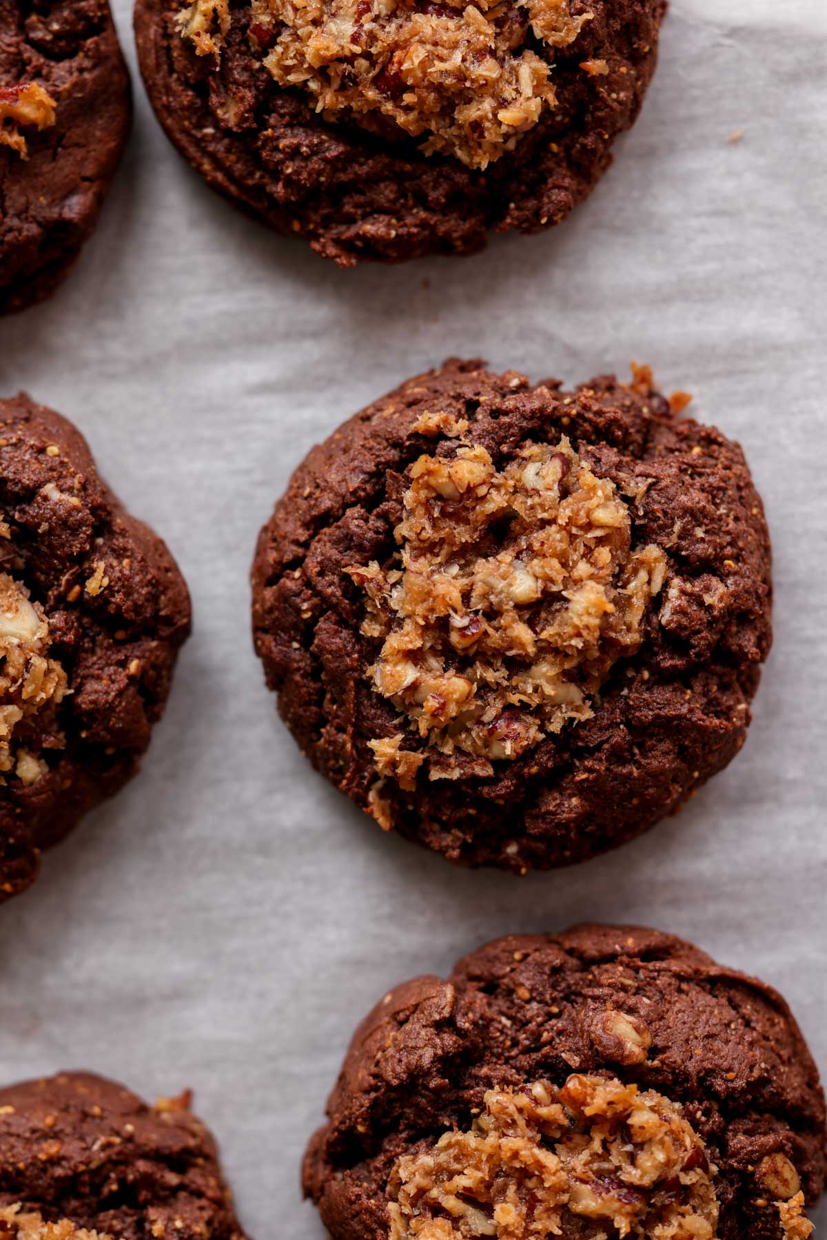overhead shot of German chocolate cookie on the baking sheet after baking