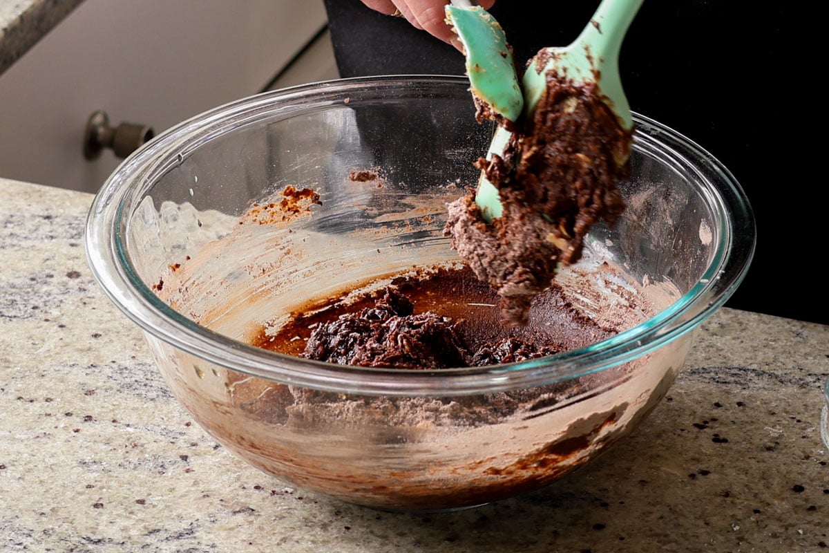 chocolate oat cookie batter after mixing