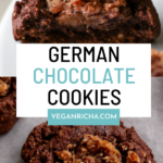 German chocolate cookies on a plate and on the baking sheet, text overlay