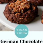 German chocolate cookies on a plate, text overlay