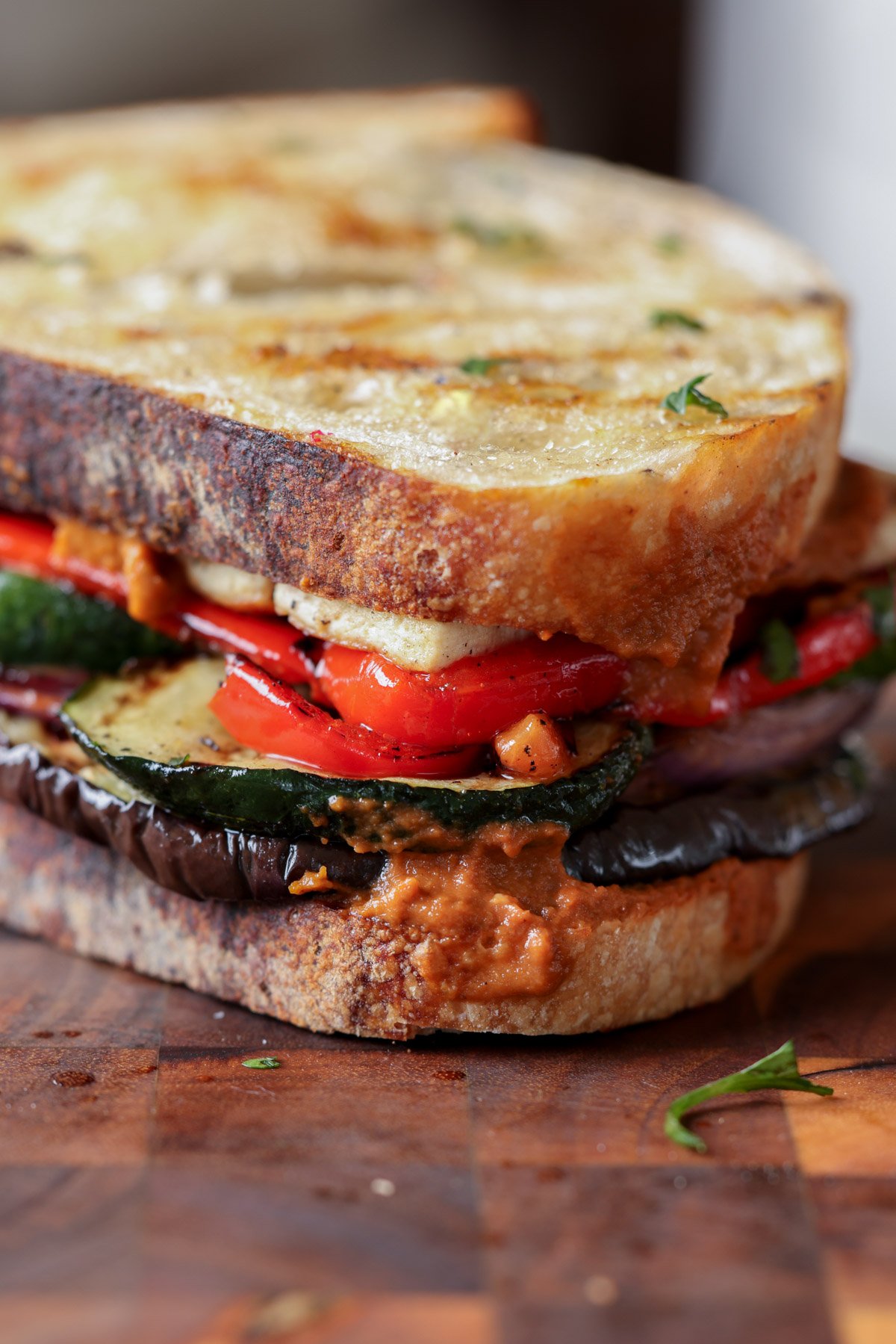 close-up of the grilled veggie sandwich
