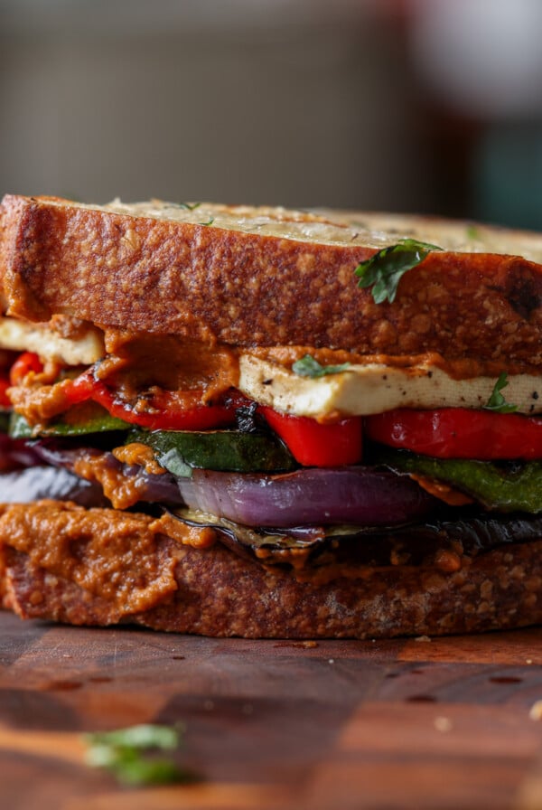 grilled veggie sandwich on the cutting board