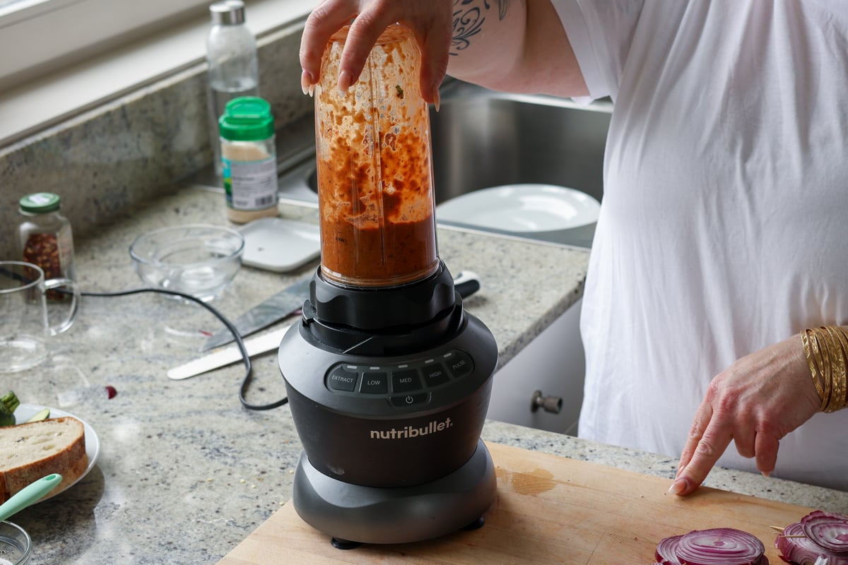 sun dried tomato spread ingredients in the blender after blending