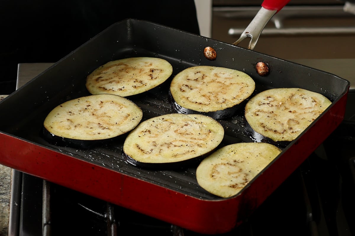 grilling the eggplant slices