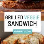 grilled veggie sandwiches on the cutting board, text overlay
