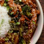 vegan beef with broccoli in a bowl with rice