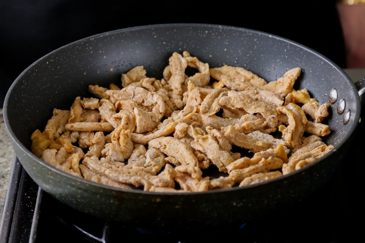 soy curl "beef" in the pan before cooking