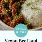 vegan beef with broccoli in a bowl with rice, text overlay