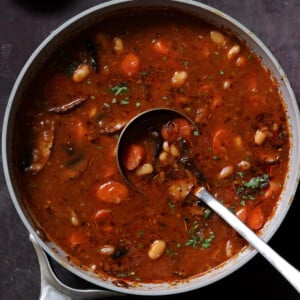 pot of veggie bean stew with a ladle in it