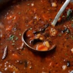 pot of veggie bean stew with a ladle in it