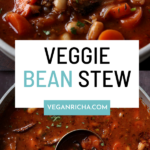 bowl and pan of veggie bean stew, text overlay
