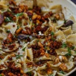 close-up of chili miso pasta in the pan
