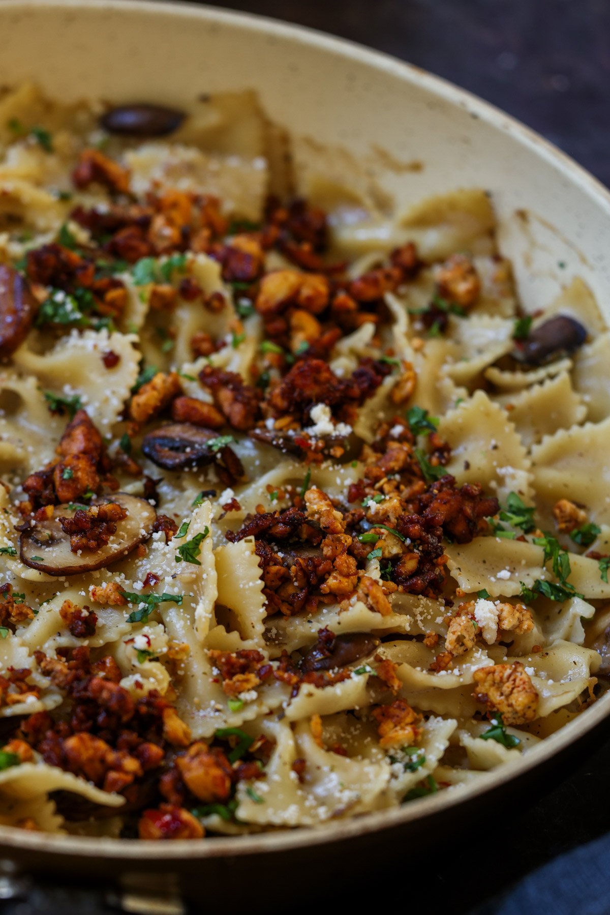 close-up of chili miso pasta in the pan
