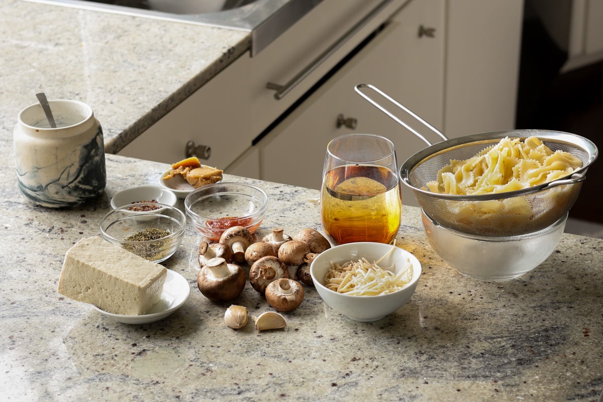 chili miso pasta ingredients on the kitchen counter
