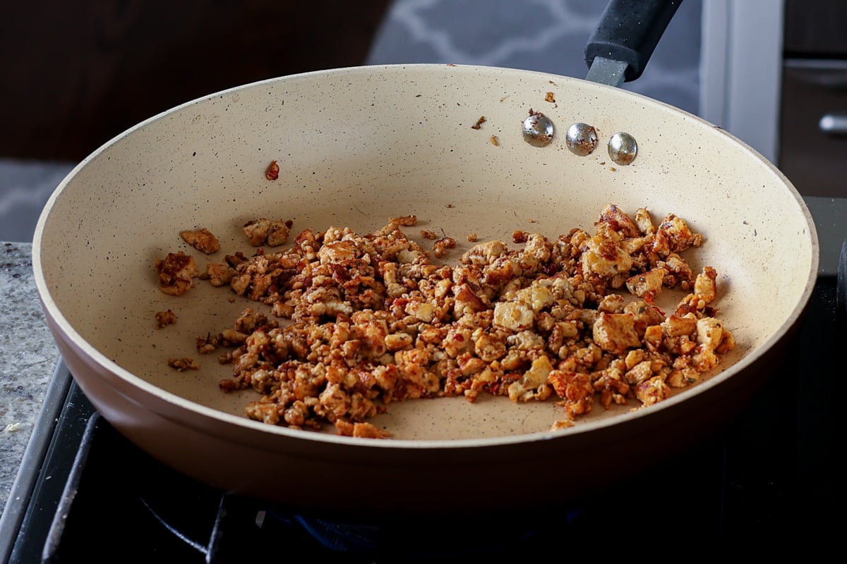 cooking crispy tofu crumble in the pan