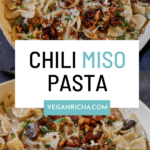 panfuls of chili miso pasta, text overlay
