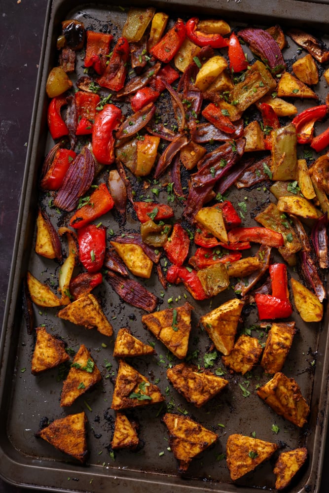 tofu tray bake with vegetables on the sheet pan