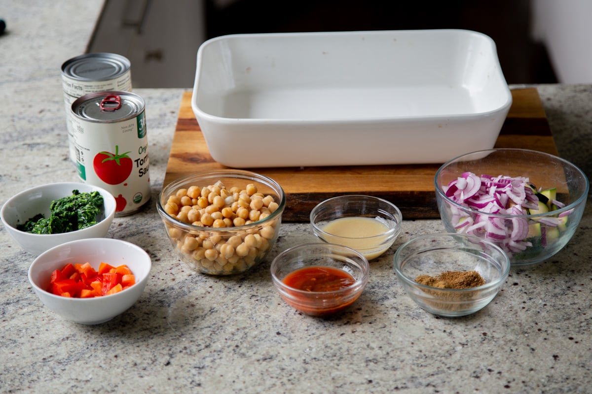 zucchini chickpea curry ingredients on the kitchen counter