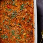 zucchini chickpea curry in the pan after baking