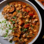 chickpea zucchini curry in a bowl with rice