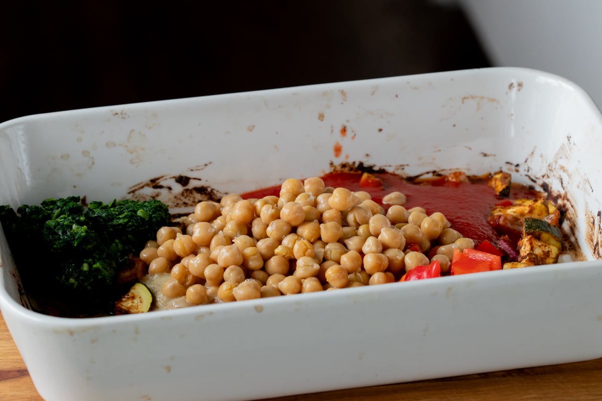 adding chickpeas to the pan