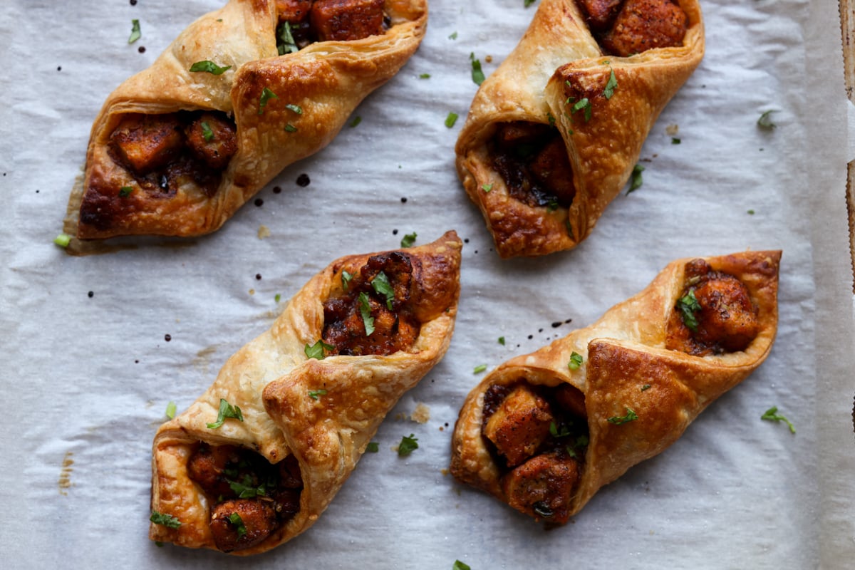 chilli garlic tofu puffs on the baking sheet