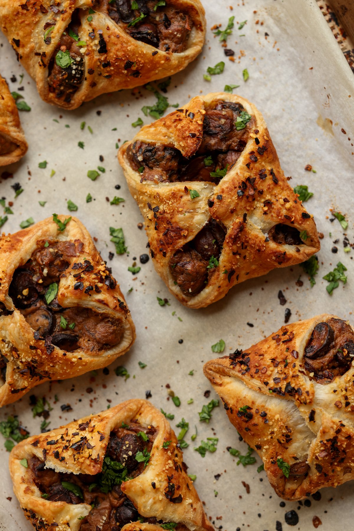 mushroom puffs on a baking sheet
