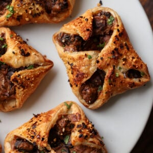 mushroom puffs on a white serving plate