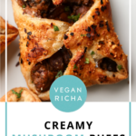 close-up of mushroom puffs on a white serving plate, text overlay