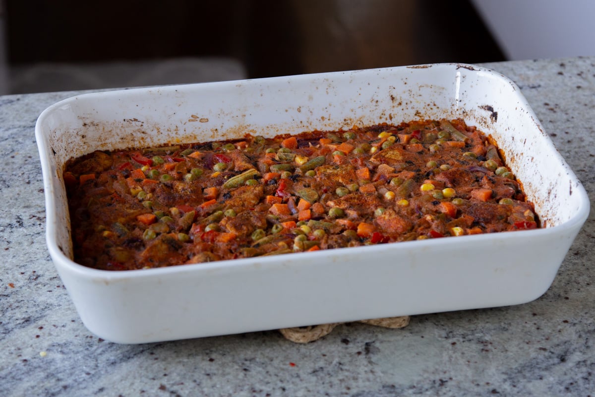 tikka masala rice in the baking pan after baking