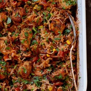 close-up of tikka masala rice in the baking pan after baking and fluffing