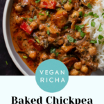 chickpea zucchini curry in a bowl with rice, text overlay