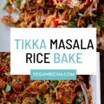 plate and panful of tikka masala rice, text overlay