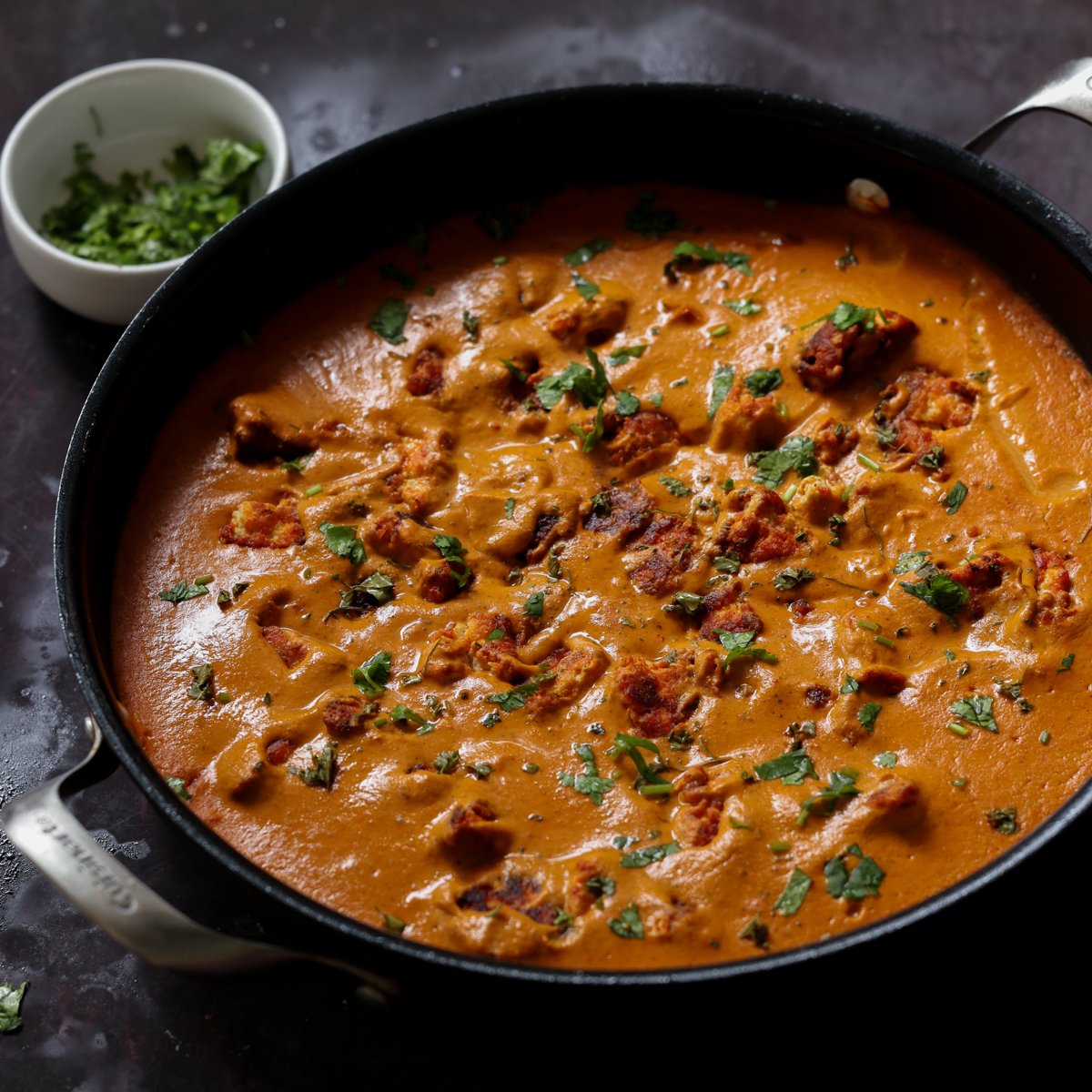 restaurant-style butter chicken in the pan